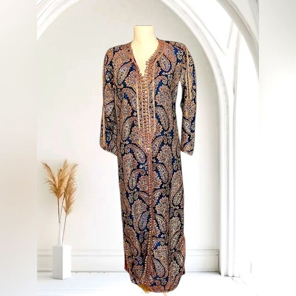 Blue Paisley Kaftan with Metallic Gold Brocade - Picture 1 of 15